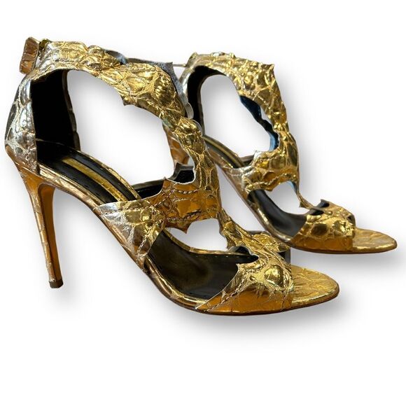 Rupert Sanderson Gold Gladiator Croc Reptile Leaf Print open Toe Heel Sandals - Picture 7 of 10